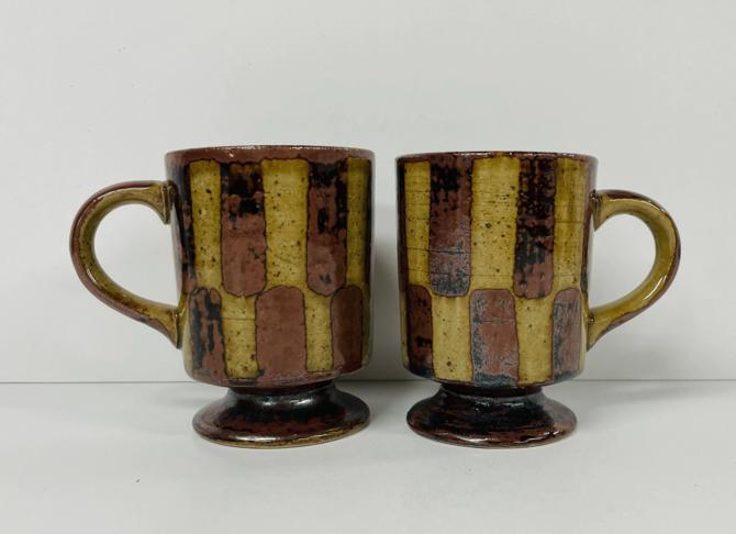 Vintage Otagiri/ Pottery/ Checkered Mugs/ Pedestal/ Footed/ Brown/ 1970s/ FREE SHIPPING 