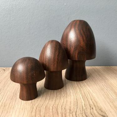 Wooden mushroom trio - dark stained hand turned vintage decor 