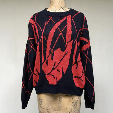 Vintage 1980s Slouchy Sweater, Novelty Knit, Black w/ Red Metallic Leaf Pattern Acrylic Pullover, 46&amp;quot; Bust Medium 