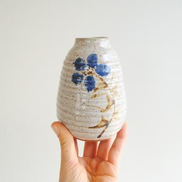 Vintage Stoneware Pottery Vase with a Blue Flower, Handmade Studio Pottery Vase, Flower Vase, Bud Vase, Neutral Pottery Vase 