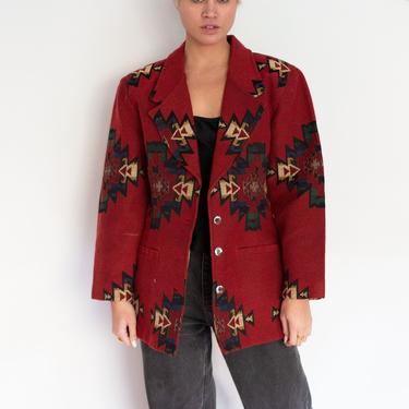 Vintage 90s Roper Red Southwest Blanket Jacket Aztec sz S M L Printed Multicolor Geometric Coat 