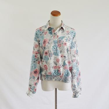Vintage 80s Blouse, Blue & Pink Top, Metallic Floral with Polka Dots Blouse, Collared Blouse, Long Sleeve Blouse, Pullover Top, Large 
