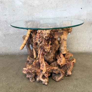 Mid Century Modern Burl Wood Lamp Coffee Table with Round Glass