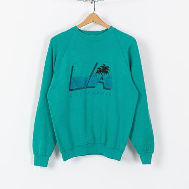 80s Los Angeles California Tourist Sweatshirt - Men's Small, Women's Medium | Vintage Teal Green LA Raglan Sleeve Graphic Pullover 