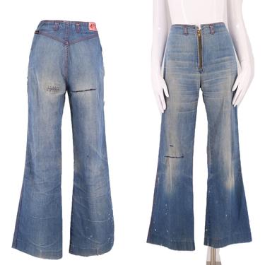 70s RAG CITY BLUES high waisted zipper jeans 28  / vintage 1970s worn in denim pants bells flares sz 8 