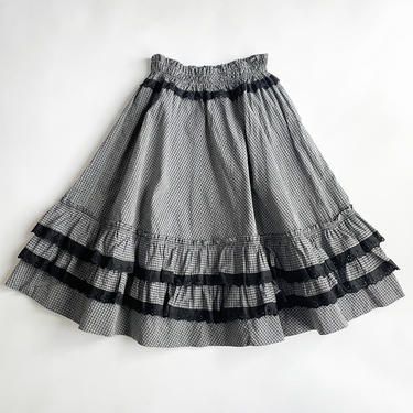 1950s Black + White Plaid Cotton Eyelet Ruffle Circle Skirt 