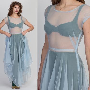 Vintage 40s 50s Sheer Blue Dress - XS to Small | Boho Fit & Flare Cap Sleeve Maxi 