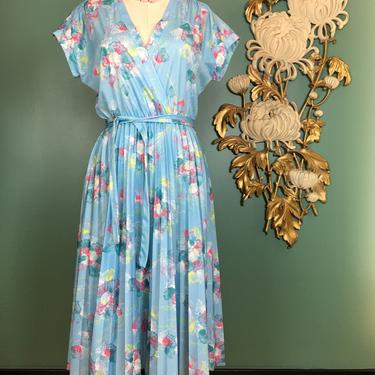 1970s pastel dress, watercolor dress, vintage 70s dress, pleated skirt, polyester dress, shirtwaist style, size medium, baby blue, accordion 