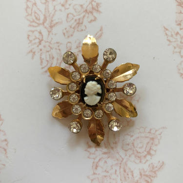 Gold-Toned Rhinestone, Floral, and Cameo Necklace Pendant - 1970s 