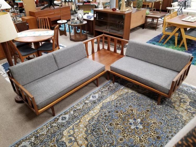 Mid-Century Modern walnut frame sectional with new upholstery