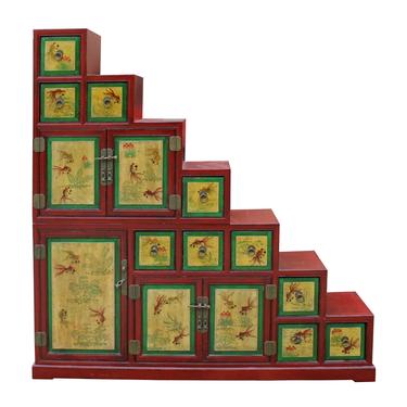 Chinese Distressed Red Yellow Fishes Graphic Tansu Step Cabinet cs5012S