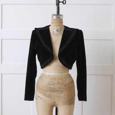 vintage 1950s bolero jacket • cropped black velveteen with oversized collar &amp; white accent stitching 