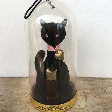 Vintage Max Factor Hypnotique Sophisti-Cat, Black Flocked Cat With Pink Collar And Gold Tone Heart, Full Perfume 