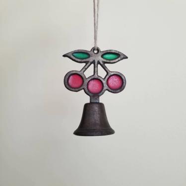 Vintage Cherry Bell Sun Catcher / Hanging Window Sun Catcher / Vintage Bell Light Catcher with Red Cherries / Handmade Vintage Art Glass 