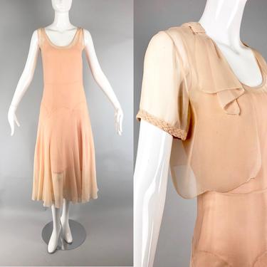 1920s Silk Chiffon Matching Soft Pink Peach Dress and Cover up 