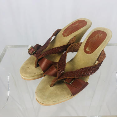 Vintage Oceans West Leather Thong Wedge Sandals 