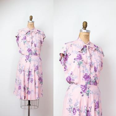 1990s Ralph Lauren Pink Floral Dress / 90s does 40s Rayon Dress 