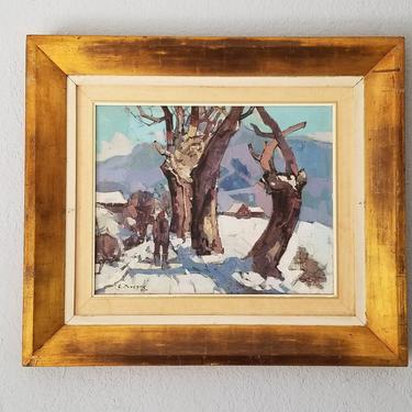 1970's Guy Duveyre Abstract Winter Rural Landscape Oil on Canvas Painting 