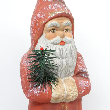 Vintage Large 11 Inch Hand Made German Ino Schaller Signed Belsnickle Santa with Feather Christmas tree, Old Paper Mache Reproduction 