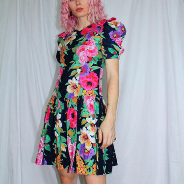 Vintage 80s | Drop Waist Floral Print Dress 