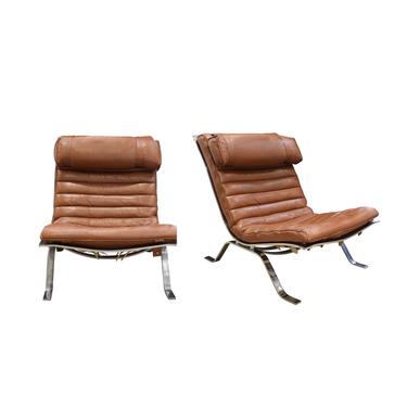 Arne Norell Pair of Sculptural Lounge Chairs With Custom Channeled Leather 1960s