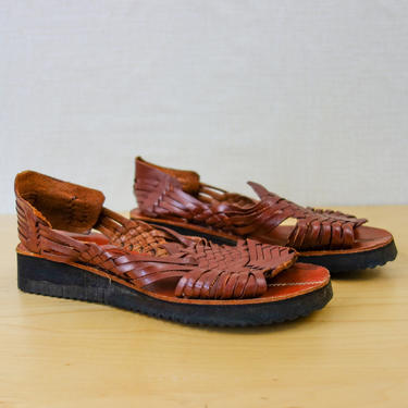 Vintage Huarache Sandals With Platform Sole Size 7, Hippie Boho Woven Brown Leather Mexican Peasant Shoes Rocio 