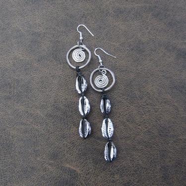 Cowrie shell earrings, gunmetal earrings, gray earrings, long black Afrocentric African tribal dangle earrings, abstract goth earrings 4 