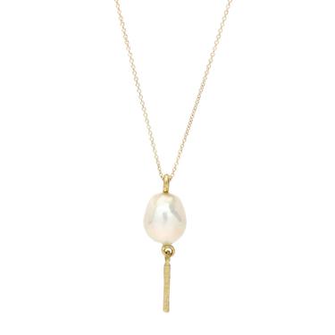 Baroque Pearl With Textured Rail Dangle Necklace - Solid 18K