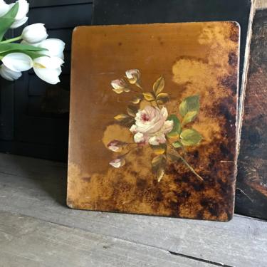French Floral Oil Painting on Board, Pink Rose, ca Early 1900s, As Is 