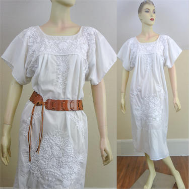 Vintage all white Mexican embroidered peasant dress, medium large Oaxacan huipil, hippie lightweight sundress, kaftan, beach cover up 