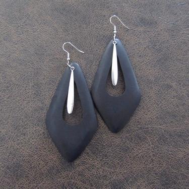 Large wood earrings, bold statement earrings, Afrocentric African earrings, black geometric earrings, silver mid century modern earrings 