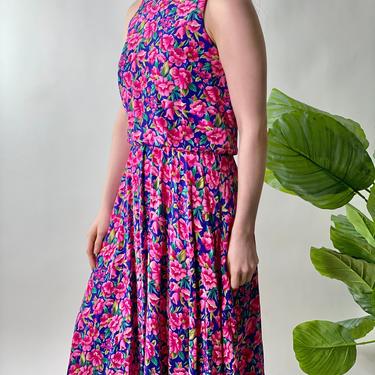 Vintage Pink Floral Silk Sleeveless Midi Dress Adrianna Pappell, Size 6 