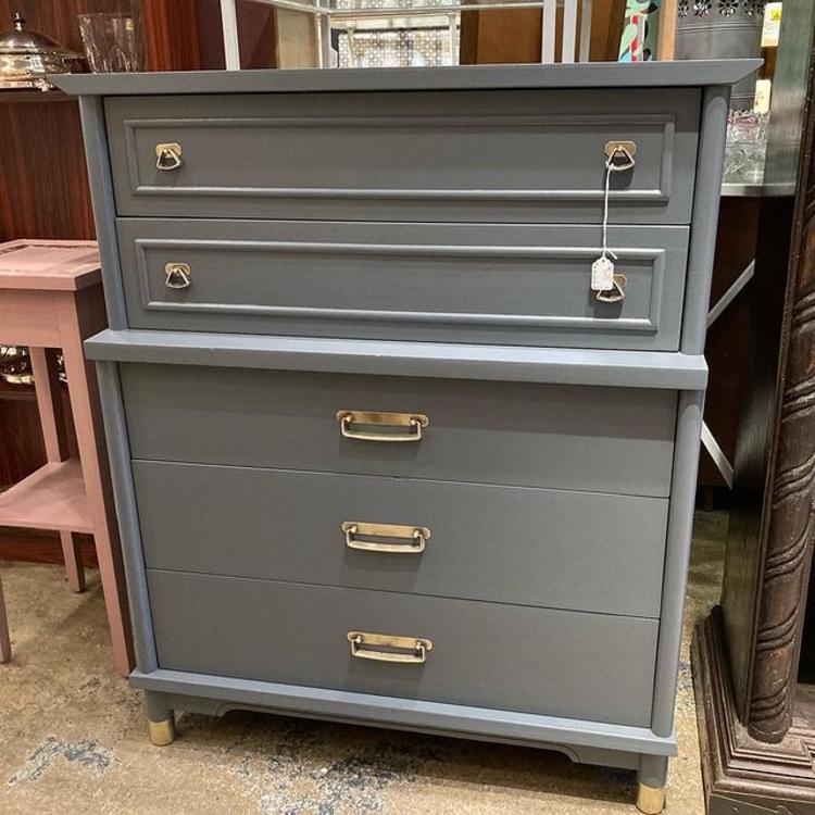 Gray painted mid century chest of drawers. 5 drawers burnished copper pulls. 38” x 17” x 44” 