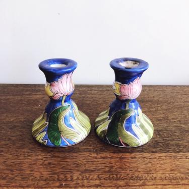 Vintage Chinese Ceramic Hand-Painted Candlestick Holders, Set of 2 