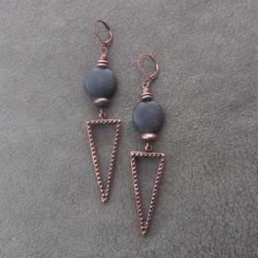Long copper rustic dangle earrings, southwest earrings, tribal earrings, boho bohemian earrings, artisan earrings, black stone earrings 