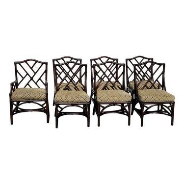 Set of Six Side plus 1 Arm Chair Chinese Chippendale Rattan Faux Bamboo Chairs by David Francis Furniture 
