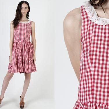 Vintage 70s Red Gingham Dress Country Prairie Square Dance Picnic Eyelet Lace Mini Dress 