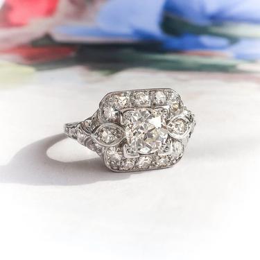 Vintage Art Deco 1930's .93 ct t.w. Old European Cut Diamond Cluster Engagement Ring Platinum 