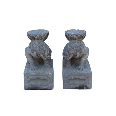 Chinese Small Pair Distressed Black Gray Stone Fengshui Foo Dogs Statues cs4213E 