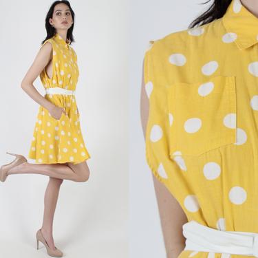 Vintage Yellow Polka Dot Dress / Casual 80s Preppy Spotted Dress / Summer Day Brunch Party Full Skirt Pockets Mini Dress 