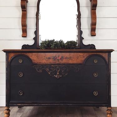 Antique Black Dresser and Mirror