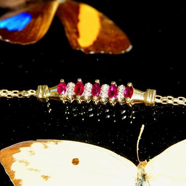 Vintage 14k Gold Ruby Diamond Accent Link Bracelet, Gold Bar W/ 5 Marquise Rubies &amp; 8 Small Diamonds, 2mm Yellow Gold Chain , 7 1/8” L 