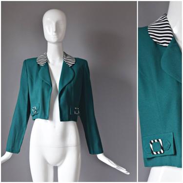 vtg 80s Scarlett green cropped longsleeve blazer w/ black + white striped collar + trim | old school retro 1980s jacket | open new wave 