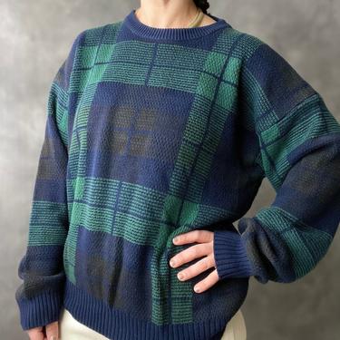 Vintage Blue Green Plaid Eddie Bauer Sweater, Large 