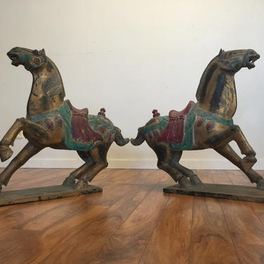 Pair of Polychrome Wooden Horse Statues 