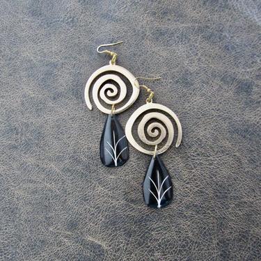 Big spiral earrings, geometric brass dangle earrings, boho chic, African Afrocentric earrings, tribal ethnic earrings, batik print bone 