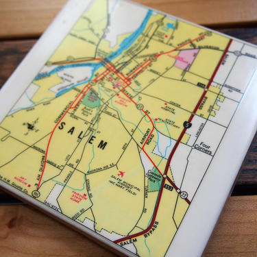 1981 Salem Oregon Handmade Repurposed Map Coaster - Ceramic Tile - Repurposed 1981 Readers Digest Atlas page - One of a Kind 