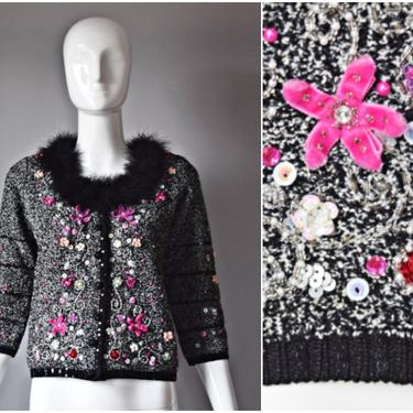 vtg 90s Berek black + white knit cardigan sweater w/ feather fringe trim detail and sequins beading bows | 1990s long sleeve size Small 