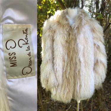 80s OSCAR De La RENTA Tibetan lamb shaggy fur coat L / vintage 1980s white tan ombre dyed Mongolian fun fur jacket coat large 