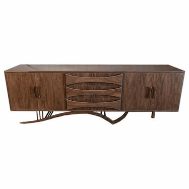 Custom Mid Century Style Walnut Sideboard with Curved Leg and Three Drawers